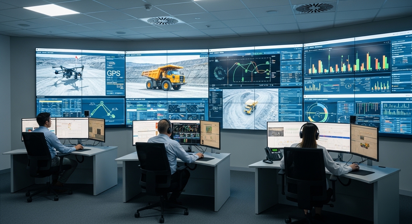 Modern industrial control room with data visualizations